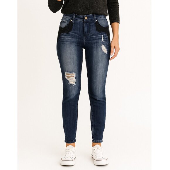 Vintage Y2K Almost Famous Distressed Skinny Jeans Low Rise Lace Detail Denim 1 - Picture 1 of 9